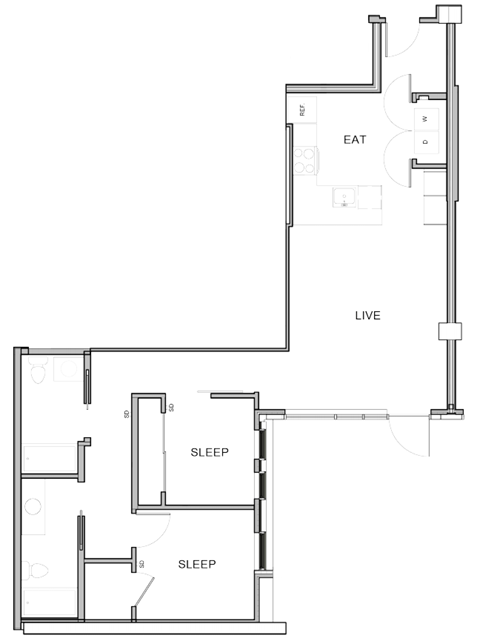 Floor plan for 2 beds, 2 baths, 1125 sqft